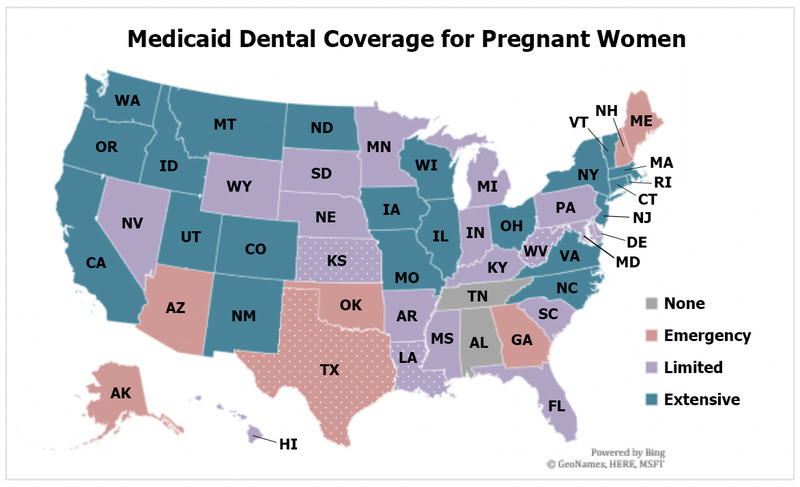 A map with differently shaded states to denote their level of Medicaid dental coverage offered to pregnant women.